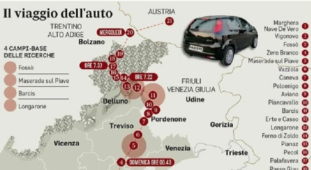 Tutti gli spostamenti della Fiat Punto nera, l’ultima segnalazione in Austria: nessuna traccia di un rientro in Italia