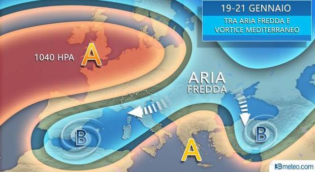 Il grafico di 3bmeteo.com. Aria fredda sull'Italia, possibile neve a quote collinari sulle regioni Adriatiche. Ecco dove e quando