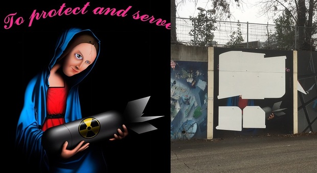 Il murales della Madonna con la bomba prima e dopo la censura
