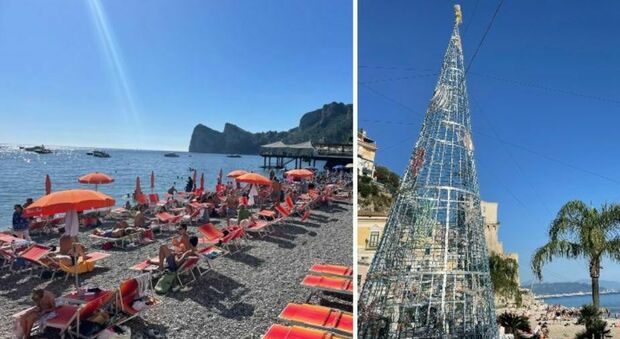 Cartoline da Halloween: foto e selfie con l’albero di Natale... in spiaggia, guardando Capri
