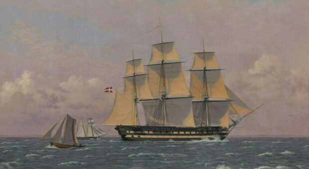 nella foto dipinto del 1834 The 84-Gun Danish Warship "Dronning Marie" in the Sound dell'artista danese Cristoffer Wilhelm Eckersberg