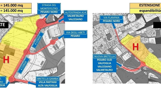 Le planimetria dei due siti di Case Bruciate e Muraglia per il nuovo ospedale di Pesaro valutati dal gruppo di lavoro tecnico di Regione e Comune