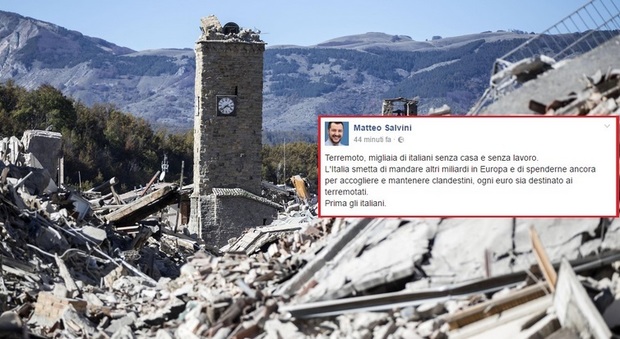 Terremoto, Salvini su Facebook: "Basta soldi per clandestini, ogni euro ai terremotati"