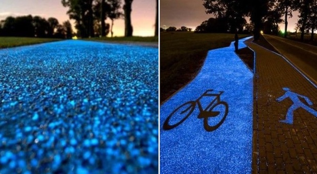 La pista ciclabile notturna: si illumina di blu al buio grazie all'energia solare