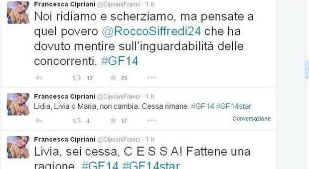 GF14, Francesca Cipriani scatenata su Twitter: "Livia sei un cesso!". Ma fa un errore