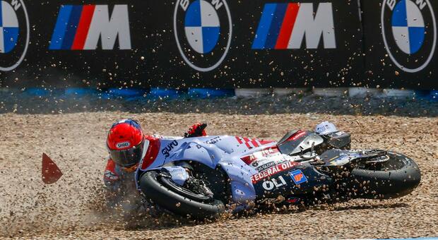 Spanish MotoGP rider Alex Marquez of Gresini Racing MotoGP falls during the Sprint race