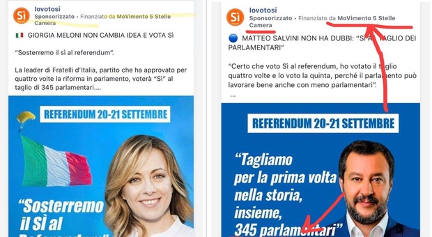 Follie della politica, il M5S sponsorizza i post con Salvini e Meloni a favore del sì al referendum