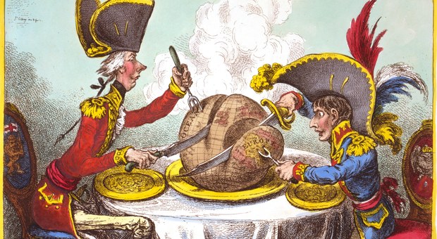 Pitt e Napoleone, mentre cercano di spartirsi il globo, caricatura di James Gillray, 1805