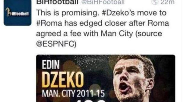 "Roma-City, accordo per Dzeko". La notizia viene retweettata e poi rimossa da Edin