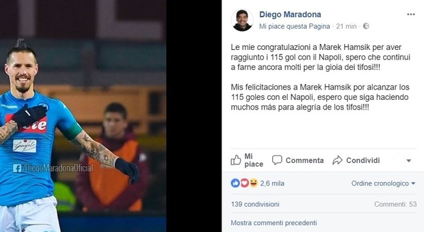 Napoli, Hamsik eguaglia il record di gol di Maradona: Diego si congratula così