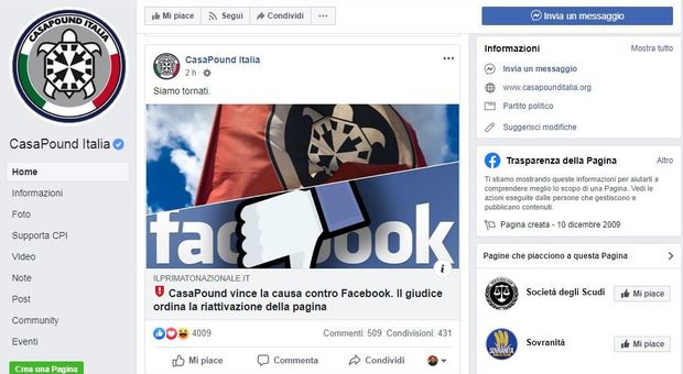 Casapound, torna online la pagina Facebook. L'azienda: «Abbiamo rispettato l'ordinanza del tribunale»