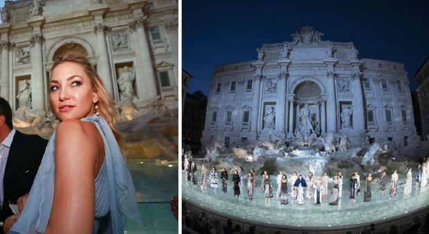 Fendi-show con Kate Hudson a Fontana di Trevi: le modelle sfilano sull'acqua