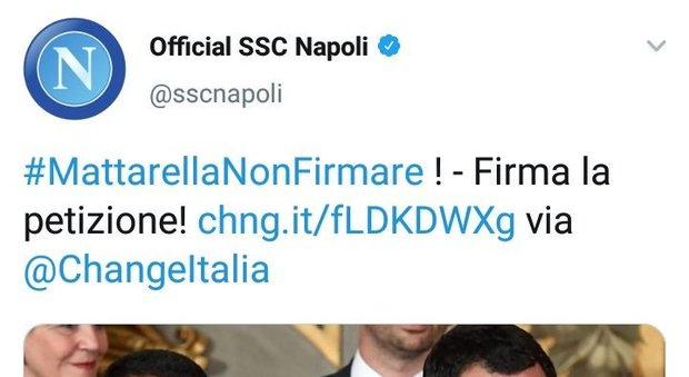 Petizione via twitter a presidente Mattarella per non firmare il Decreto Sicurezza bis: gaffe social del Napoli