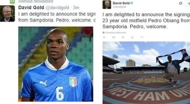West Ham, che gaffe: il presidente annuncia ​Obiang, ma twitta la foto di Ogbonna