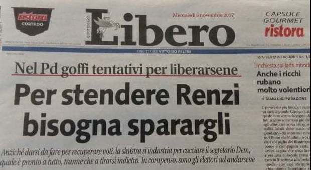 Libero: "Per stendere Renzi bisogna sparargli". Grasso e Boldrini: "Spazzatura". Il segretario: "Battuta infelice"