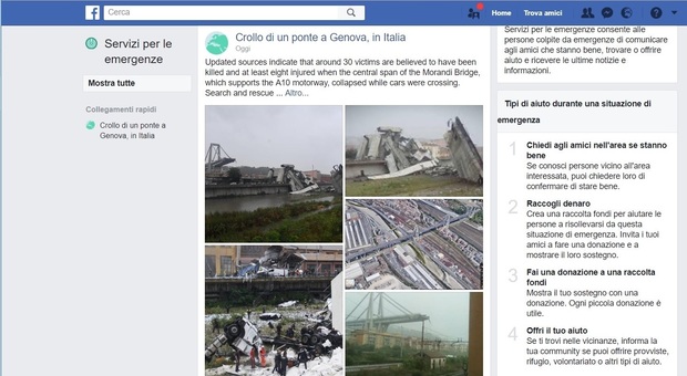 Genova, dopo il crollo del Ponte Morandi Facebook attiva il Safety Check