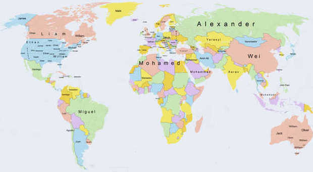 La mappa dei nomi maschili più diffusi nel mondo
