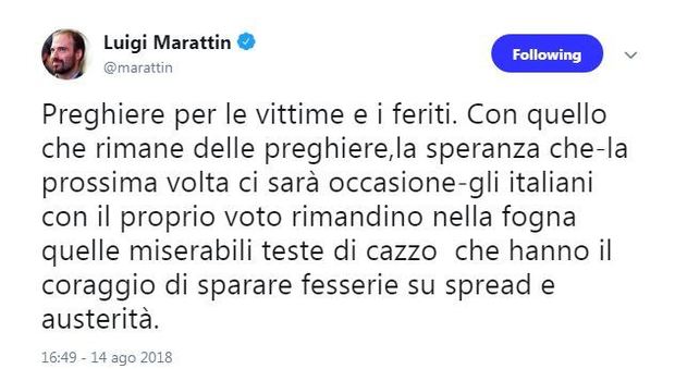 Dramma di Genova, il deputato del PD Luigi Marattin perde la testa su Twitter e insulta gli avversari politici