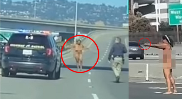 Arrestata donna nuda sull'autostrada e con una pistola in mano: spari in aria e minacce. Sconosciuta la causa del folle gesto