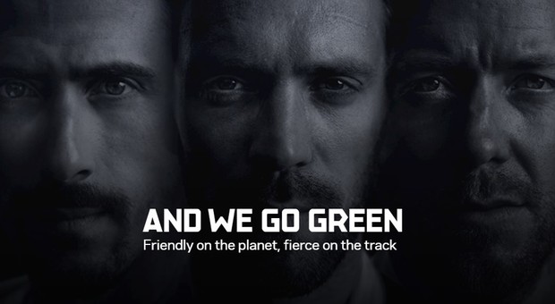 La locandina del film "And we go green" con al centro il campione Jean-Eric Vergne, a sinistra Lucas DiGrassi e a destra Sam Bird