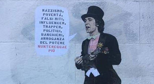 Roma, Montesacro. Murales di Harry Greb dedicato a Rino Gaetano: «...arroganza del potere: nun te reggae più».