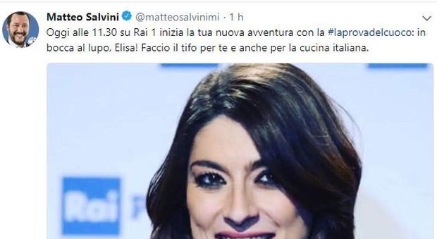 Elisa Isoardi, gli auguri di Matteo Salvini per la Prova del Cuoco: «Tifo per te e per la cucina italiana»