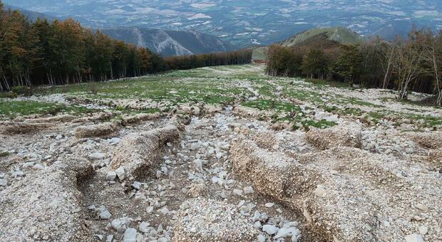 Monte Catria, forte erosione sulle piste da sci. Gli ambientalisti: «Noi capri espiatori dell'alluvione per colpe altrui». Nella foto la pista Travarco sotto il rifugio Cotaline