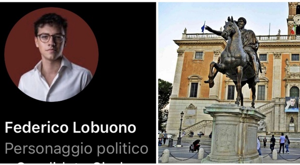 A sinistra, Federico Lobuono, candidato sindaco di Roma. A destra, il Campidoglio