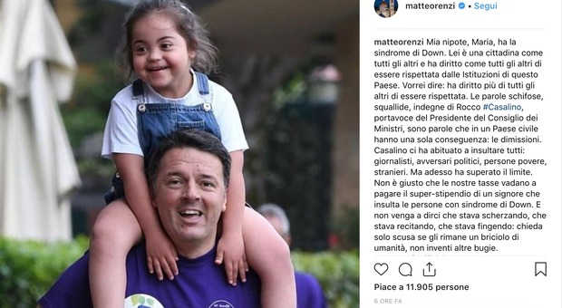 Matteo Renzi attacca Rocco Casalino e pubblica la foto con la nipote affetta da sindrome di down: «Parole schifose, squallide, va licenziato»
