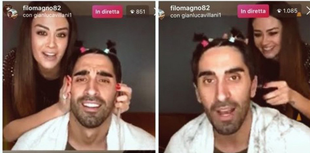 Giorgia Palmas parrucchiera in quarantena, taglia i capelli a Filippo Magnini in diretta social