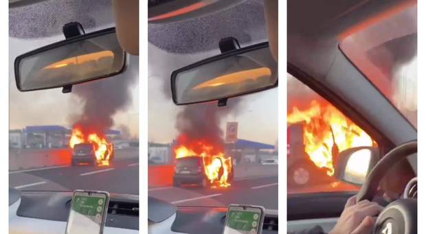 Auto in fiamme sulla tangenziale est: immagini choc del rogo che divora la vettura