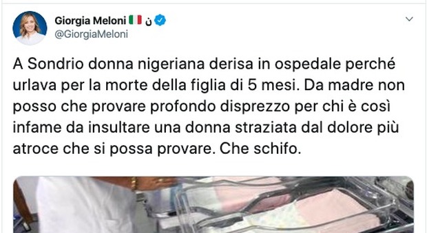 Bimba morta a Sondrio, mamma derisa. Giorgia Meloni: «Infame insultare una donna straziata dal dolore più atroce. Che schifo»