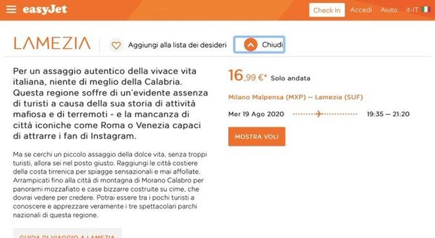 EasyJet choc sulla Calabria: «Terra di mafia e terremoti». L'ira della Santelli, poi le scuse della compagnia