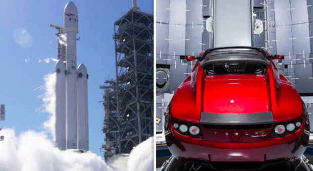 Il razzo Falcon Heavy della Space X pronto sulla rampa di lancio a Cape Canaveral e la Tesla Roadster al suo interno