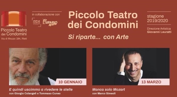 Rieti, Piccolo Teatro dei Condomini, riparte... con arte, grandi nomi del teatro italiano: il programma