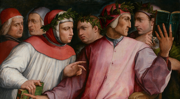 Giorgio Vasari, Sei poeti toscani (da destra: Cavalcanti, Dante, Boccaccio, Petrarca, Cino da Pistoia e Guittone d'Arezzo), pittura a olio, 1544, conservata presso il Minneapolis Institute of Art, Minneapolis