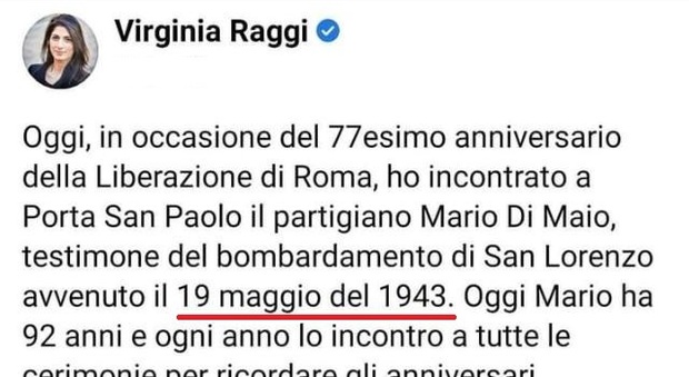 Virginia Raggi: «Il bombardamento di San Lorenzo a maggio del ‘43». Un'altra gaffe (su Twitter) della sindaca di Roma