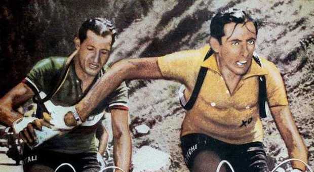 Bartali e Coppi si passano l'acqua durante il Tour del 1949