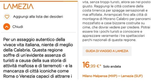 EasyJet, l'assurda pubblicità sulla Calabria: «Terra di mafia, priva di turisti». E' bufera. La compagnia modifica il post