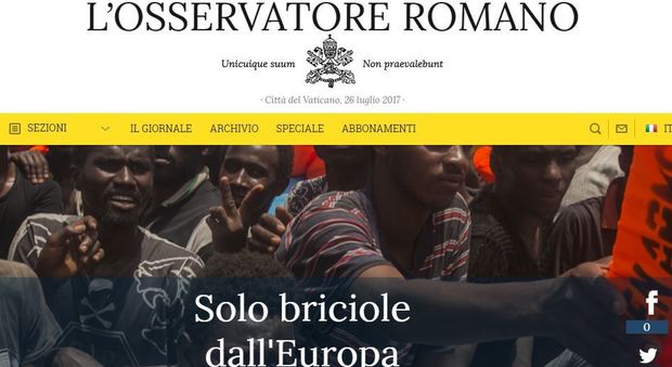 Migranti, l'Osservatore Romano critica la Ue: da Bruxelles solo briciole