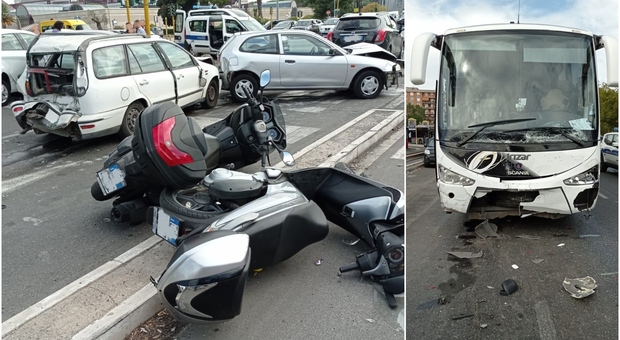 Roma, maxi incidente tra via Tuscolana e Palmiro Togliatti: pullman si schianta con quattro auto e due scooter
