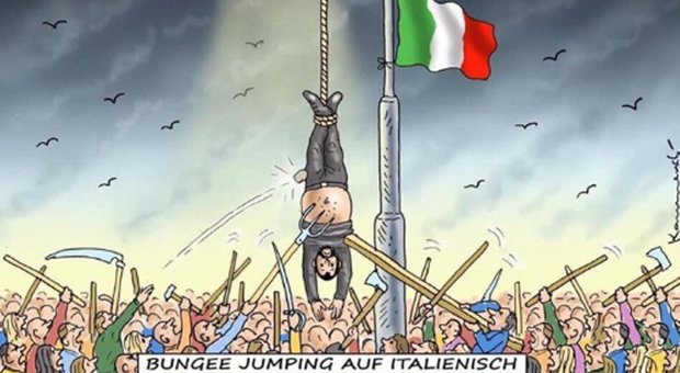Salvini e la vignetta che evoca piazzale Loreto: «Mi mette a testa in giù, che pena»