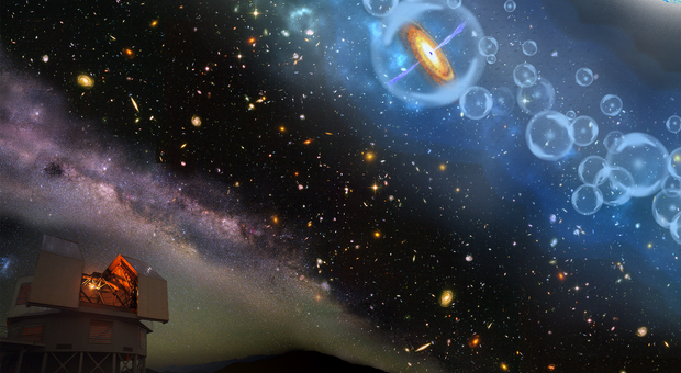 La rappresentazione schematica del viaggio nel tempo che è possibile effettuare grazie alla scoperta del quasar più distante mai visto. L'osservazione grazie a uno dei telescopi Magellano (in basso a sinistra)