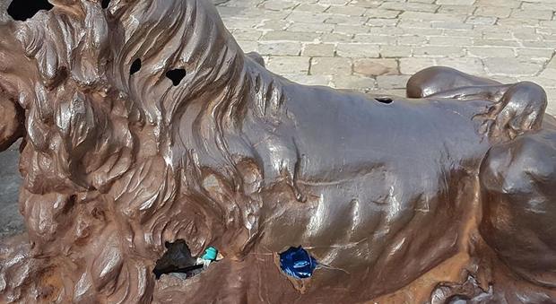 Rifiuti infilati negli squarci dei leoni di piazza del Duca: fontana presa di mira
