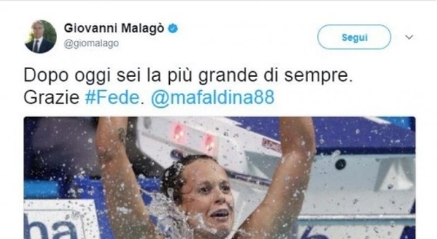 Da Malagò a Gentiloni, pioggi di tweet per la Pellegrini