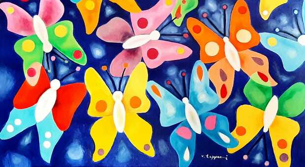Farfalle in volo e l'artista cerca la libertà nei colori