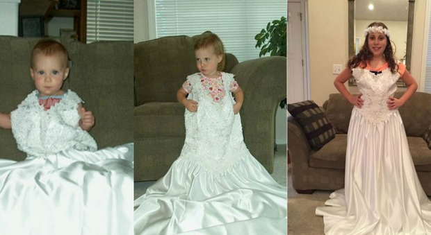 Una foto all'anno: figlia cresce nell'abito da sposa della mamma