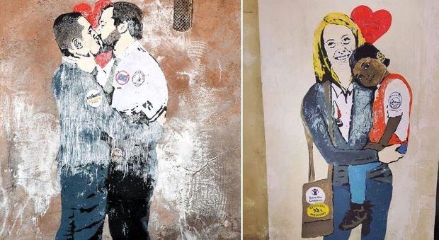 Roma, al Parlamento spunta il murale del bacio tra Salvini e Di Maio