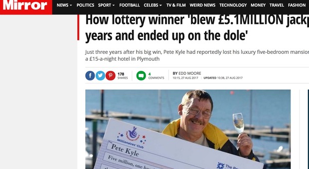 Vince oltre 5 milioni alla lotteria, dopo 3 anni non ha più un soldo: ecco cosa gli è successo