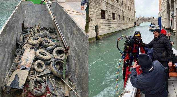 Venezia, gondolieri-coraggio si tuffano in laguna con il vento forte e recuperano 800 chili di rifiuti. «Immersione ai limiti della praticabilità»
